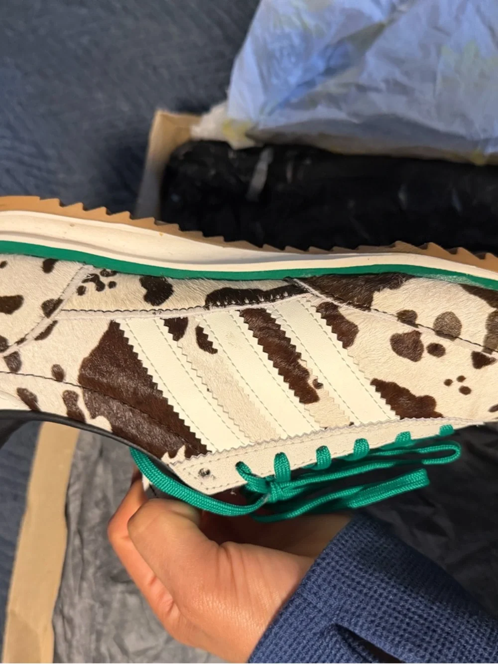 adidas Women's Cow-Print Sneakers with Green Laces - Picture 4 of 8